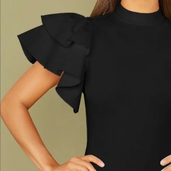 Classic Black Layered Ruffle Sleeve fitted Bodysuit - Picture 8 of 10